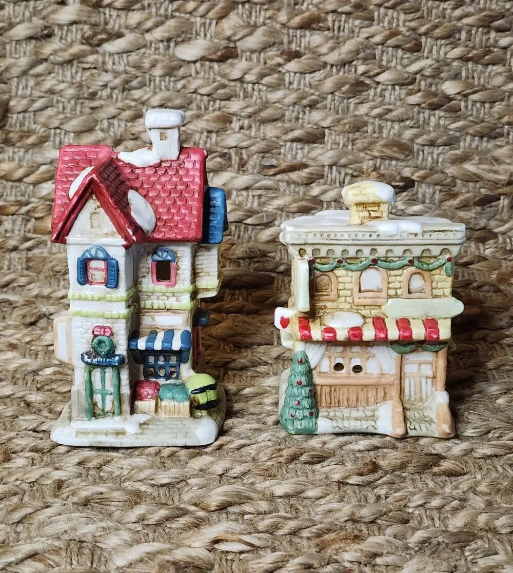 2 Vintage Mini Christmas Village Tea Lights 1990s Holiday Decor Porcelain